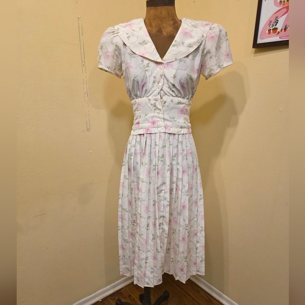 Vintage 80s Prairie Dress Floral Pink Cottagecore Size 4 Petites for Maggy